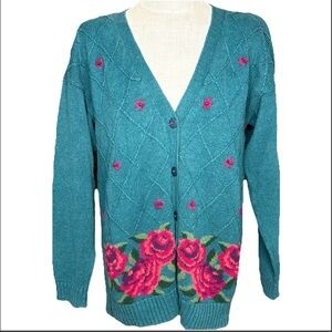 Vintage Laura Gayle Petites Green Floral Granny Cardigan